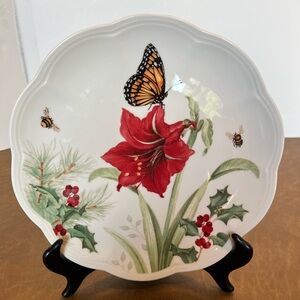 Lenox White Plate with Red Amaryllis, Green Foliage and Yellow-Orange Butterfly